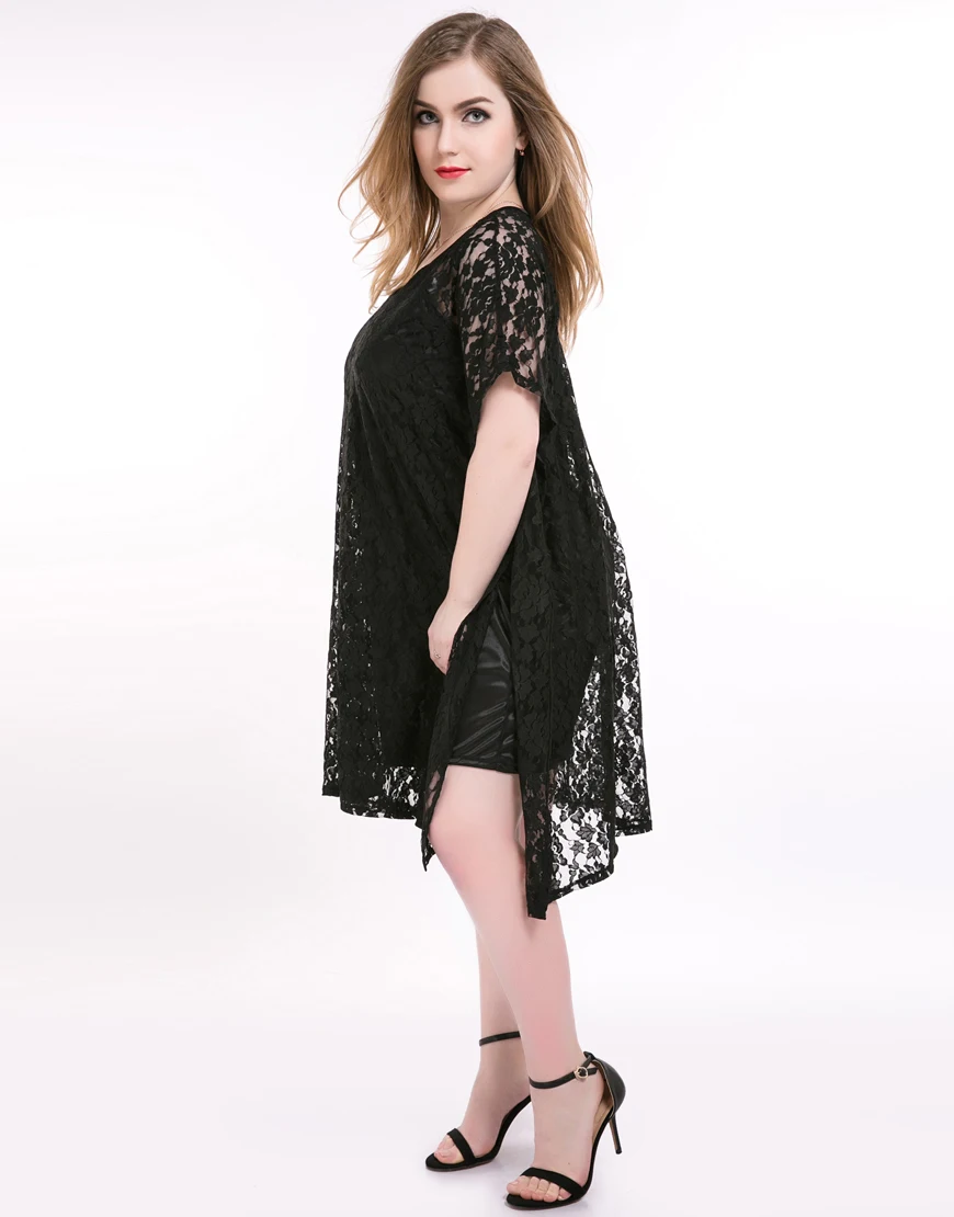 Женское кружевное платье UUG черное свободное с коротким рукавом большие размеры