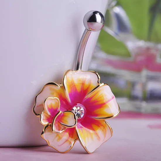 Женское эмалированное кольцо на пупок зеленое с цветами бабочками и пуговицами