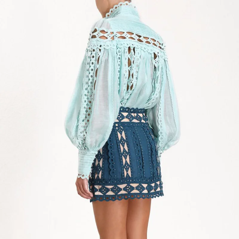 New Summer Women Blue White Beading Skirts Short Mesh Hollow Out Patchwork Clubwear Causal Fashion Party Night Wholesale