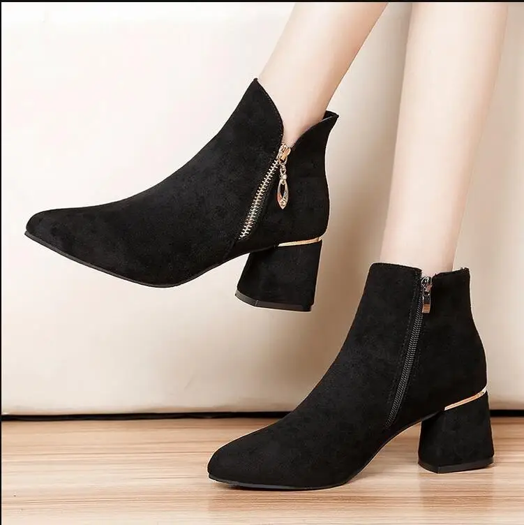 Женская обувь зимние повседневные женские из флока на среднем каблуке