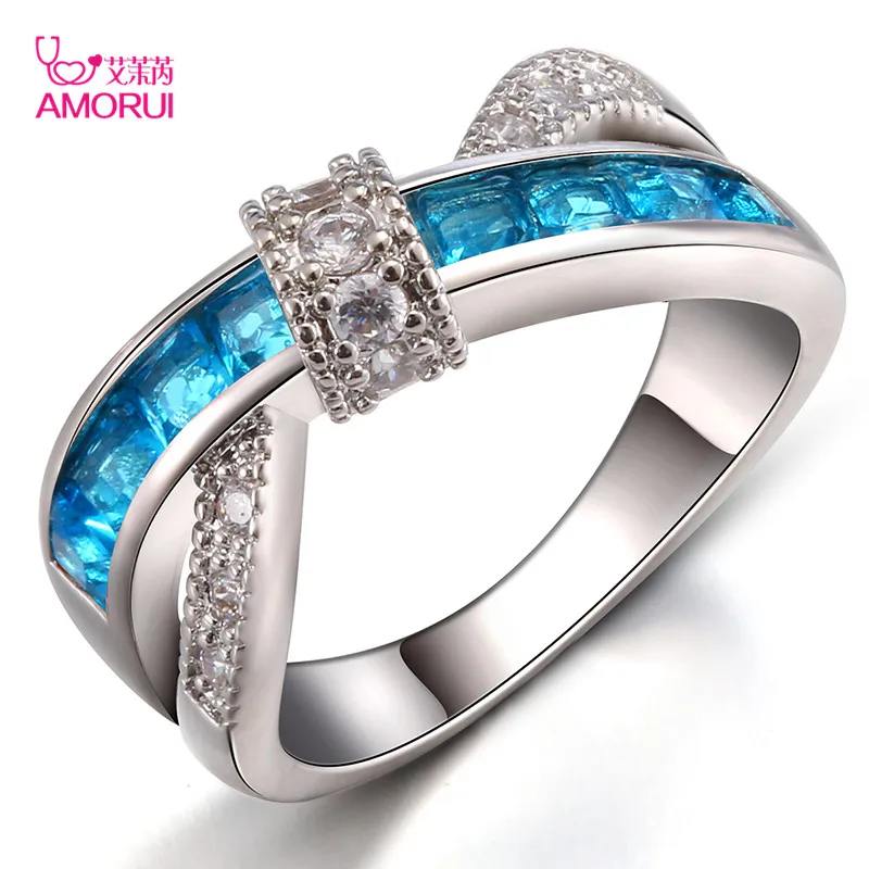 

AMORUI Bow-knot Lt Blue CZ Stone Ring Bagues femme Fashion White Gold Color Wedding Rings for Women Jewelry Anillos Mujer Gift