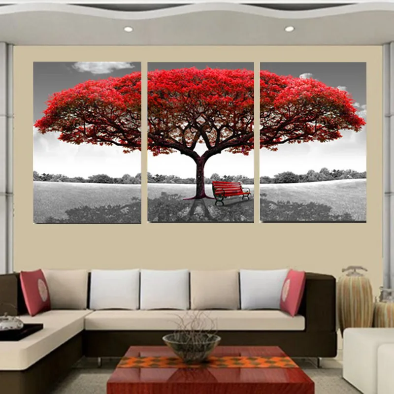 

Modular Framework Picture Canvas Wall Art Modern Painting Printing Type Home Decoration 3 Panel Red Tree For Living Room