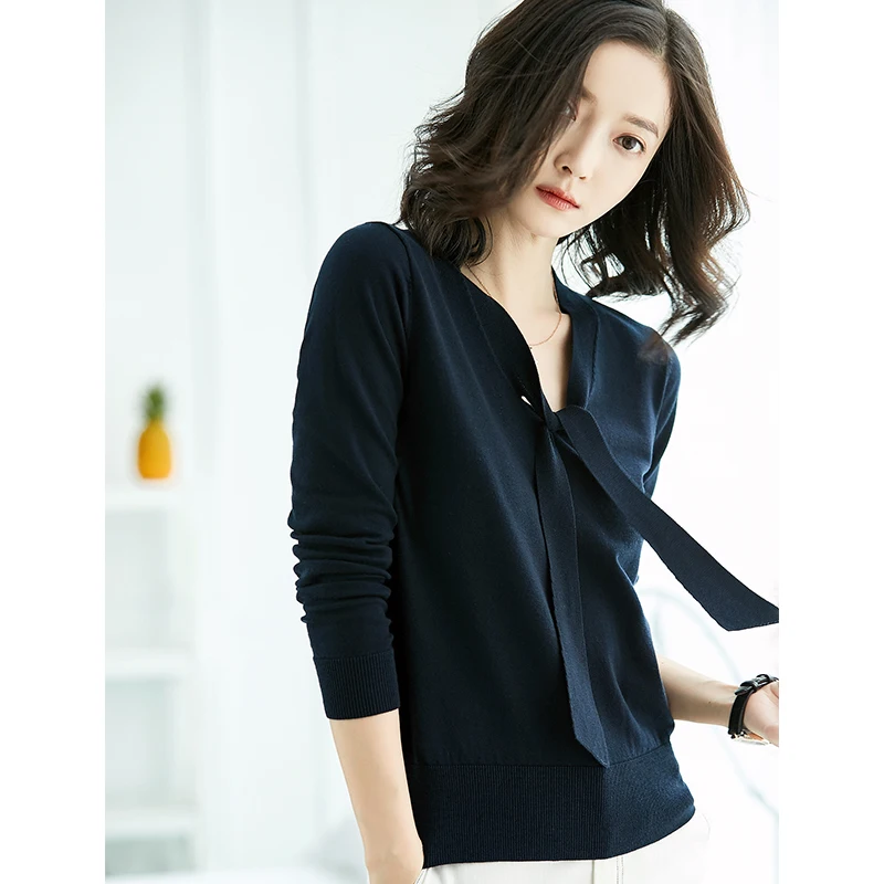 womens top Cotton kintting long sleeve V-neck sweater cashmere blended all match tee white black n t shirt women bts | Женская одежда