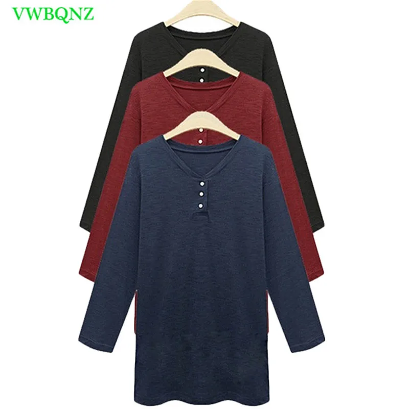

Large size Women Long sleeve Tee shirt Autumn Loose Cotton Bottom T-shirts Red wine Tops Plus size Women's T-shirts 5XL 6XL A672