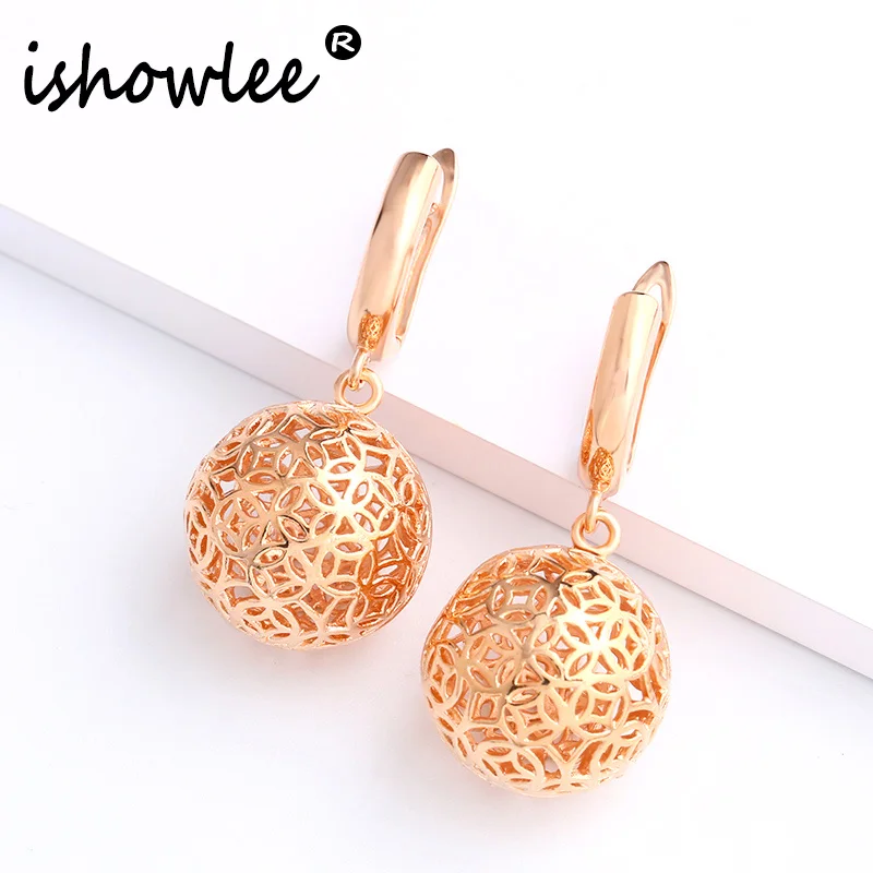Женские серьги подвески ishowie золотистые из розового золота 585 пробы с вырезами