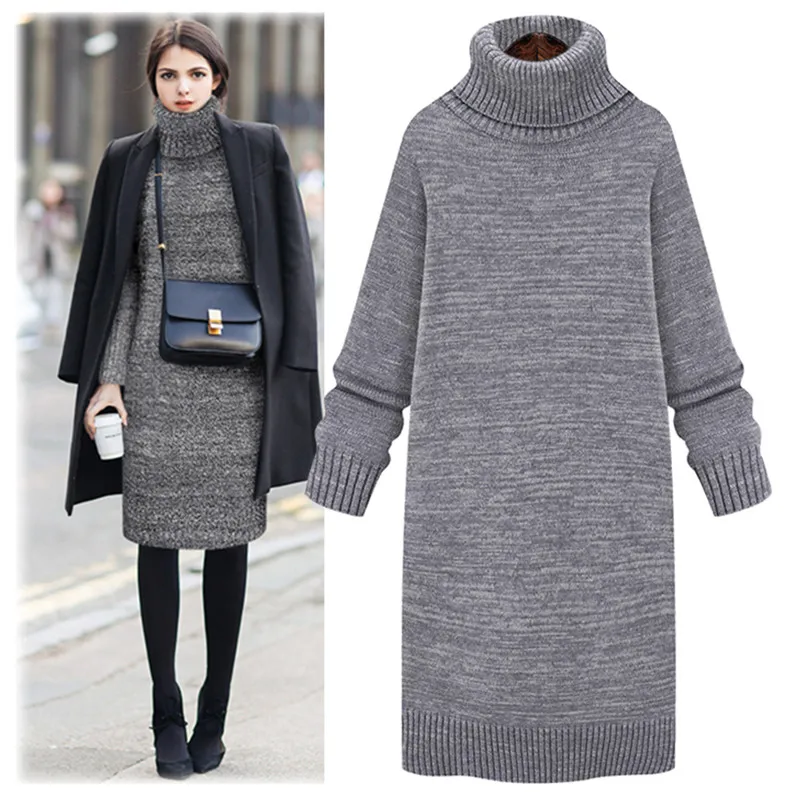 

2021 Medium-long Thick Turtleneck Pullover Sweater Women's Clothing Autumn And Winter Loose Lady Warm Sweater Knit shirt Dress