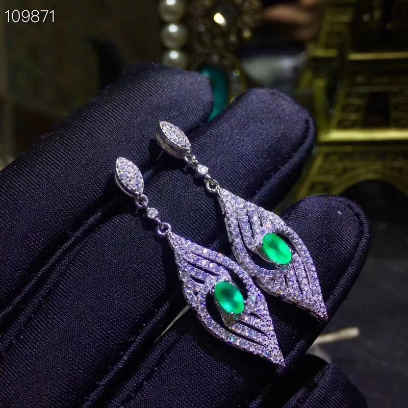 Женские серьги подвески с изумрудом из серебра 925 пробы|Серьги-подвески| |