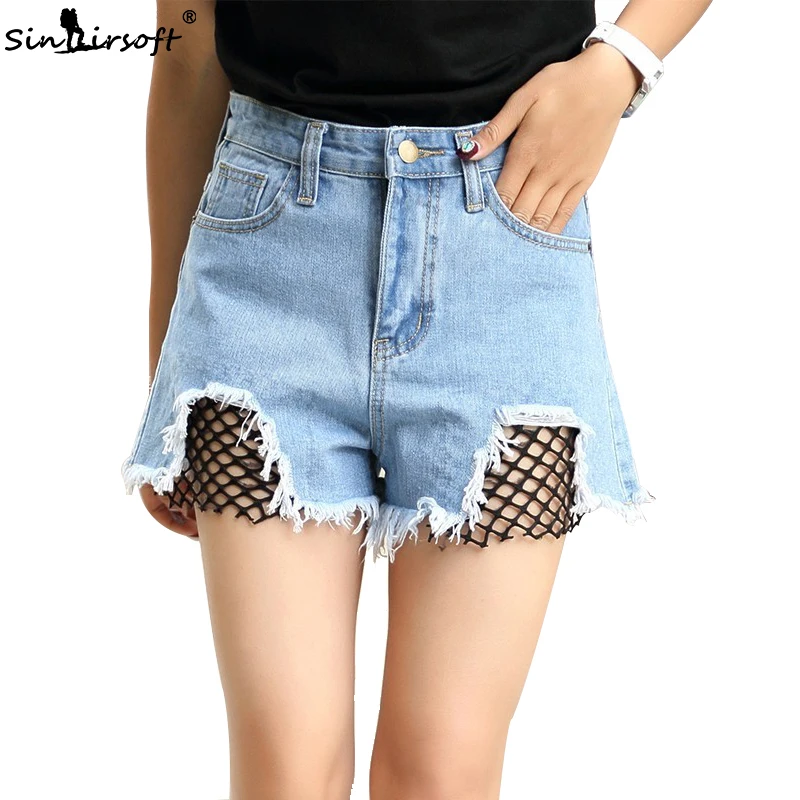 Рваные кружевные джинсовые шорты для женщин летние с высокой талией