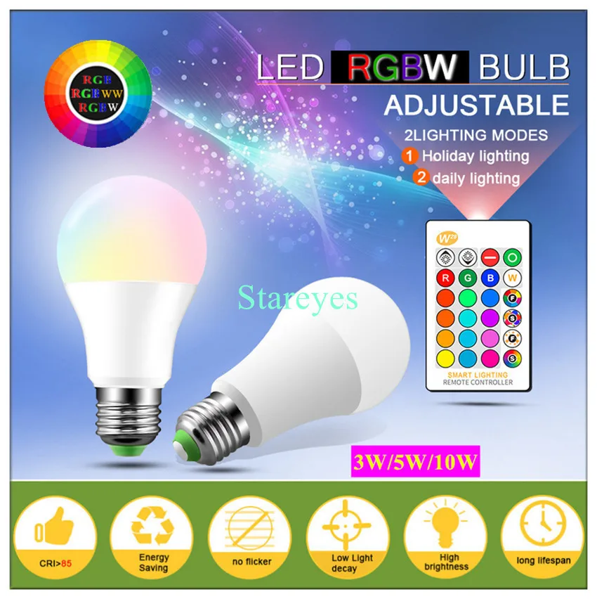 1 шт. E27 светодиодный 16 цветов RGBW меняющийся RGB+ Белый Волшебный светильник лампа AC85-265V светодиодный шар лампа 3 Вт 5 Вт 10 Вт+ ИК пульт дистанционного управления