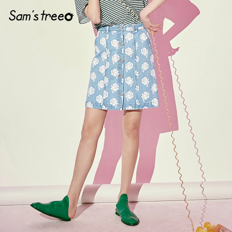 Samstree небесно-голубая женская юбка с цветочным принтом Летняя мода средняя талия женские юбки Повседневные трапециевидные офисные женские нижние части