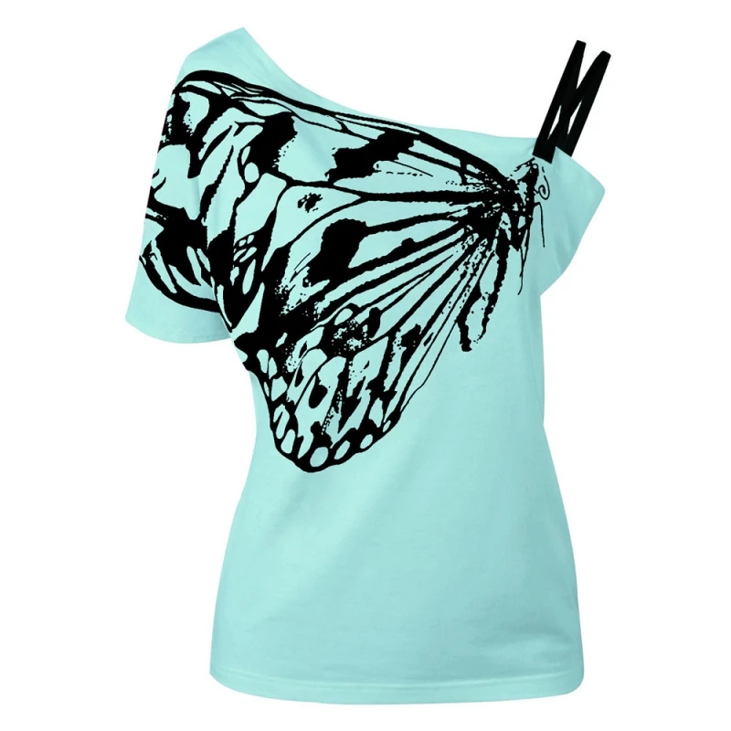 2019 Fashion Summer Cotton Top Shirts Women Short Sleeve T Skew Collar Butterfly Print Tshirt Ladies Tees Tops Clothes | Женская одежда