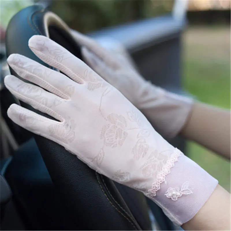 light pink flower Летние солнцезащитные перчатки женские тонкие для вождения Нескользящие УФ-защита короткие стильные кружевные шелковые женские варежки FS01 - Цвет: light pink flower