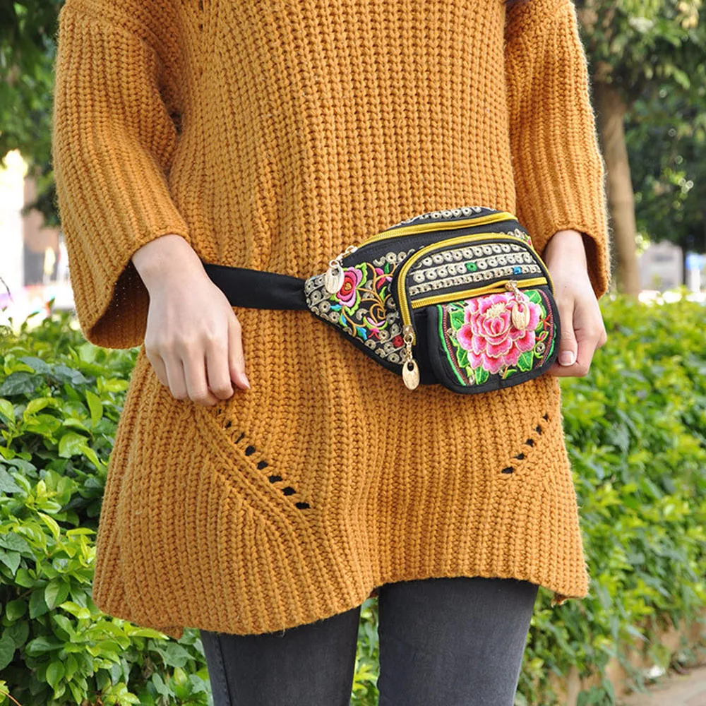 Винтажная женская сумка на талию с вышивкой черная парусиновая национальным