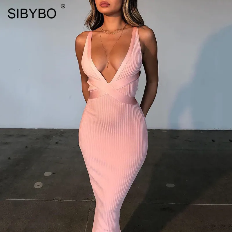 Sibybo, с разрезом, с открытой спиной, сексуальное длинное платье, вечерние, с глубоким v-образным вырезом, без рукавов, Осеннее, женское платье, на тонких бретелях, повседневное, облегающее платье