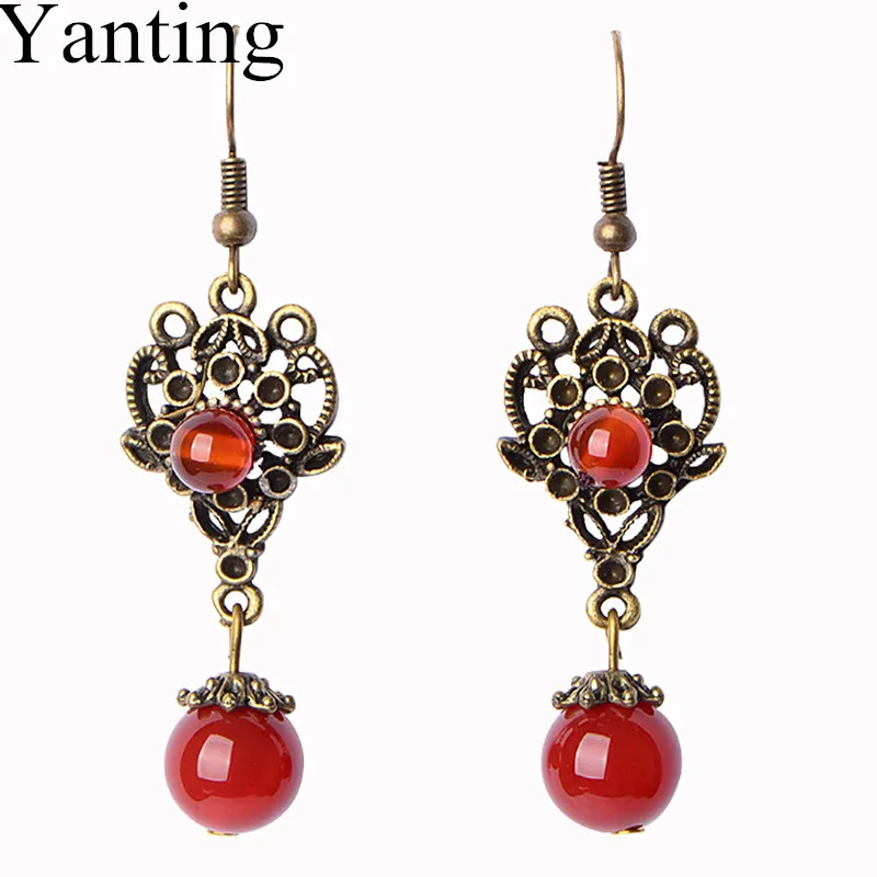 Yanting Винтажные висячие серьги женские этно с камнями медный сплав цветок