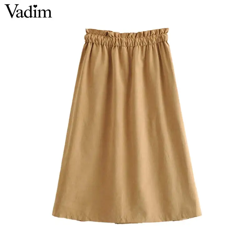 Vadim women retro brown mid calf skirt faldas mujer elastic waist drawstring tie pockets pleated female casual midi skirts BA488 | Женская