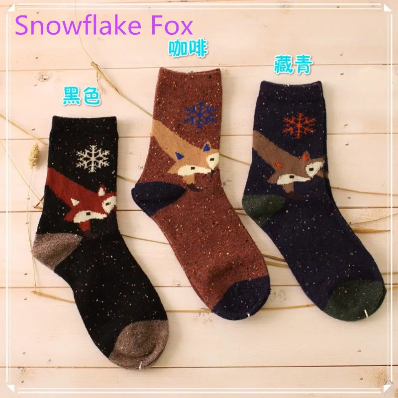 snowflakefox 3 пары женских зимних носков вязаные шерстяные носки с кроличьим мехом теплые носки с изображением лисы и оленя женские носки Рождественский подарок 8AA763 - Цвет: snowflakefox