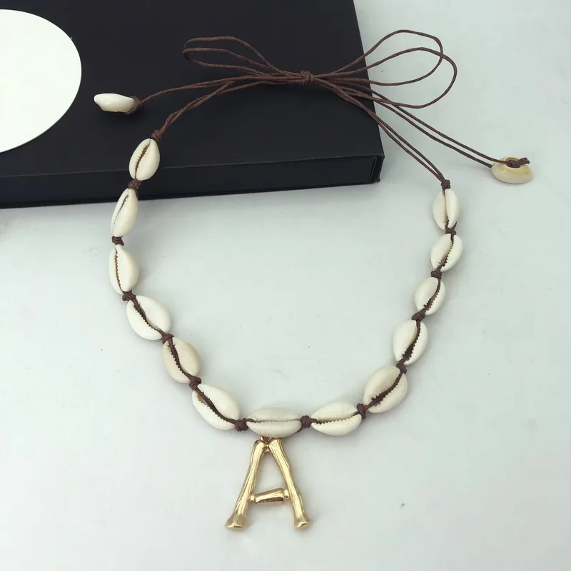 F.J4Z Hot Bamboo Letter Necklace Golden Alloy A-Z Initials Pendant Lady Seashell Choker Necklaces collar inicial letra | Украшения и