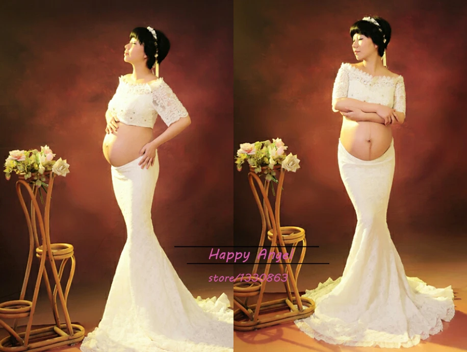 Top quality Maternity Photography Props Pregnant Women Noble Hem Trailing Mermaid white Dress Photo Shoot Fancy costume