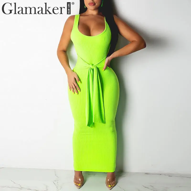 Glamaker сексуальное трикотажное длинное платье неонового цвета Элегантное летнее