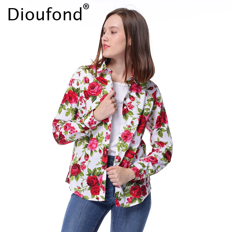 Женская блузка с цветочным принтом Dioufond хлопковые рубашки женские винтажные топы отложным воротником