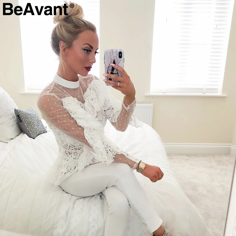 BeAvant белая женская блузка рубашка кружевная сетка вышивка Элегантный полый с