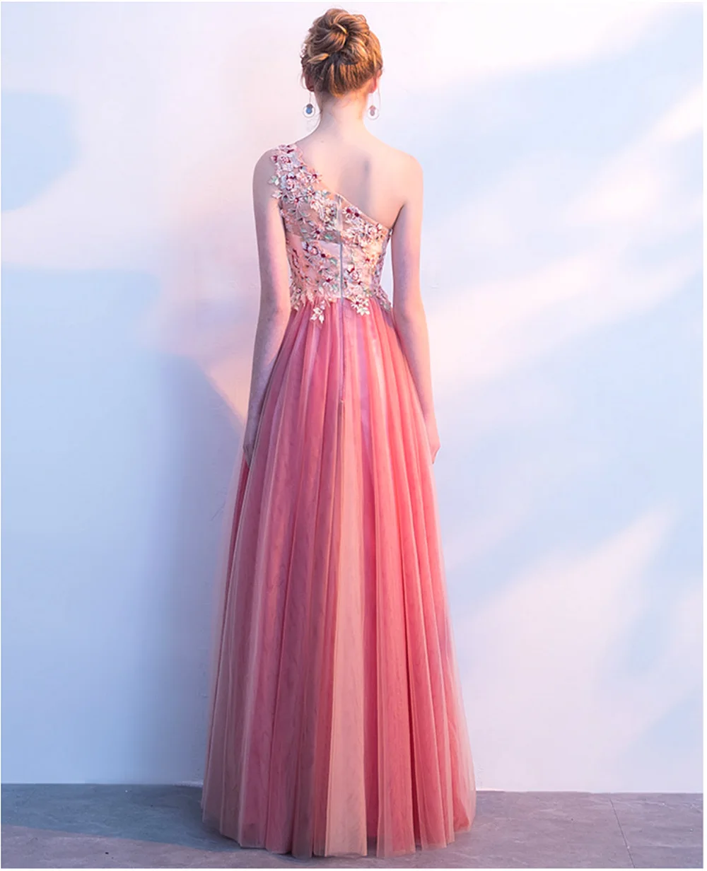 CX Элегантное Длинное розовое вечернее платье на одно плечо с кружевными цветами