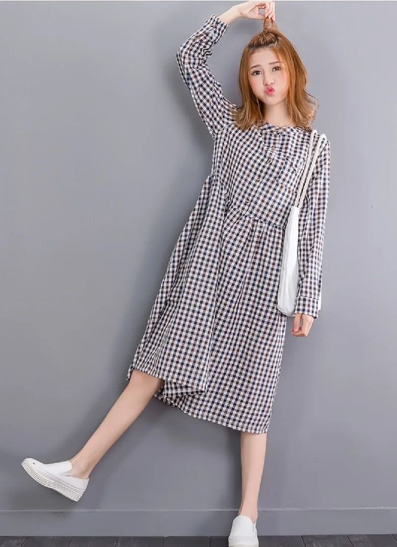 Осень-весна Женское платье Стенд воротник Классический решетки из хлопка и льна