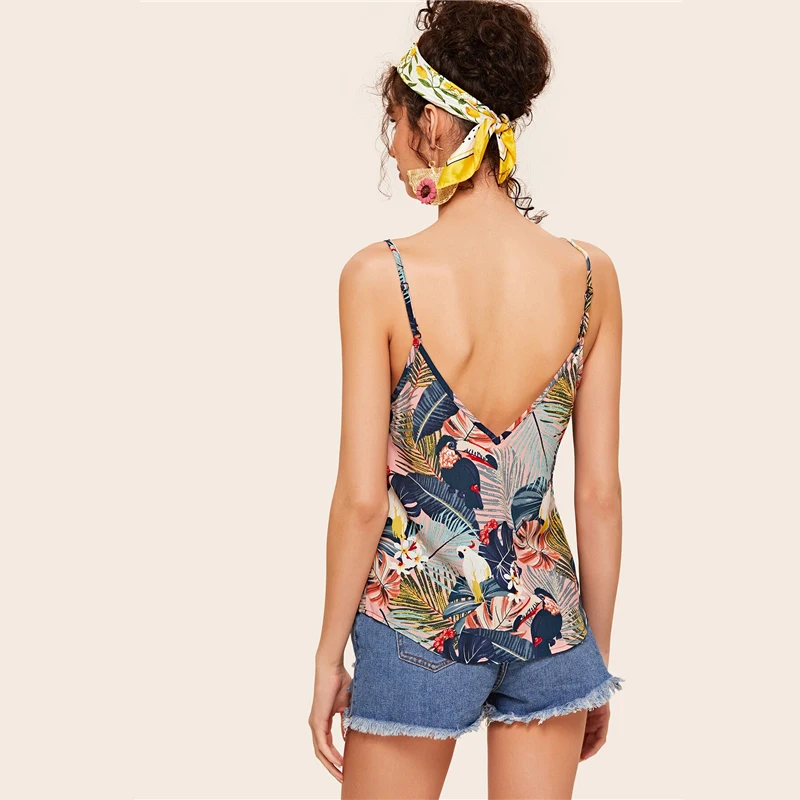 COLROVIE тропический принт с двойным v-образным вырезом Boho Cami Top Женская одежда летняя уличная Клубная женская футболка праздничный жилет