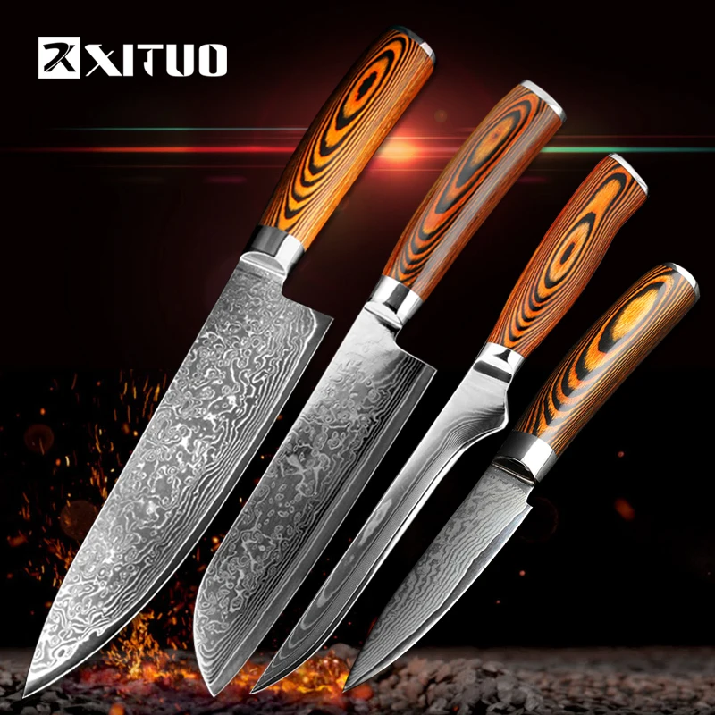 Кухонные ножи XITUO, 4 шт., японский нож из дамасской стали, нож шеф-повара для обвалки овощей, универсальный цветной деревянный нож с простой ручкой, лучший семейный подарок, инструмент