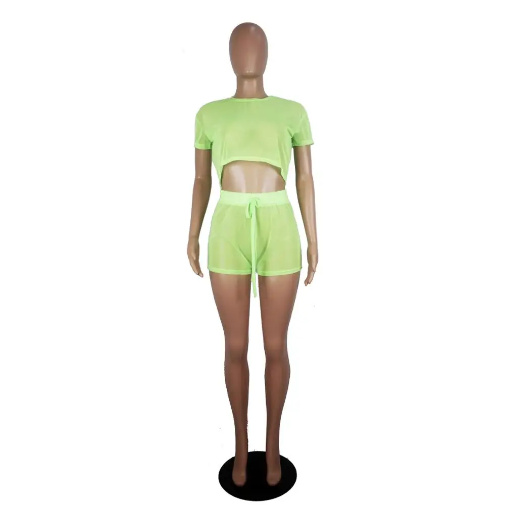 

Mesh O-Neck Short Crop Top With Shorts Fashion Two Piece Outfit Transparent Casual Tracksuit Matching Sets