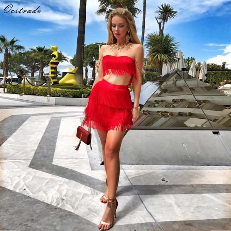 Ocstrade Women Elegant Summer Bodycon Dress New Fashion Tasseled Red Sexy Spaghetti Strap Bodycon Dress Nightclub Party