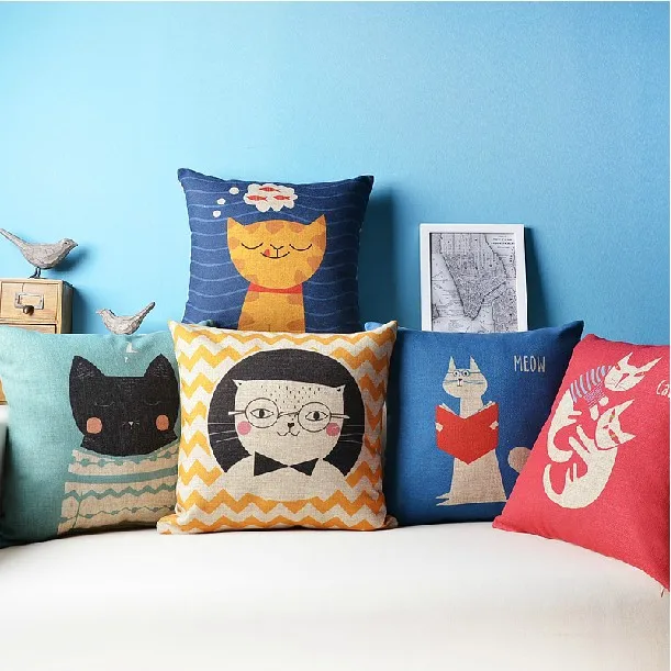 Classroom Pastoral Cat Pillow cartoon cat Linen Cushion home decor Pillows |
