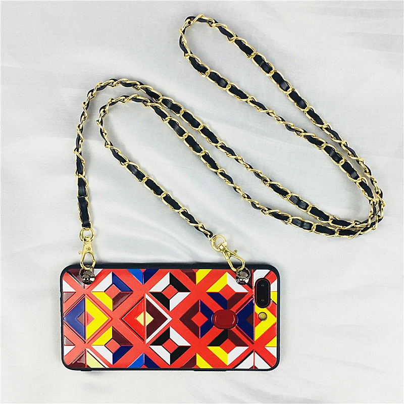 Geometric Pattern Phone Crossbody Case Cover with Strap long chain for Iphone XS X 6S 6 7 8 plus OPPO R9 R9S R11 Plus case |