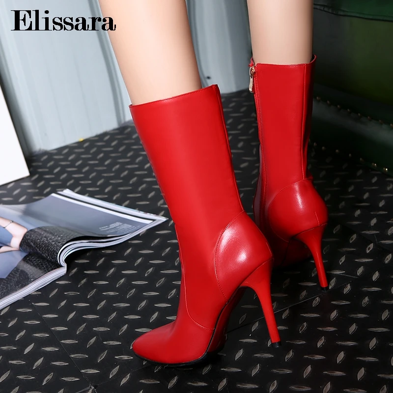 Elissara Women Genuine Leather Boots Shoes High Heel Mid Calf Fashion Zip Pointed Toe Plus Size 34-42 | Обувь