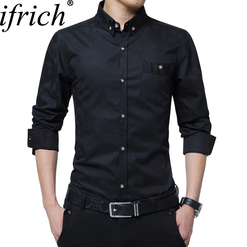 

Мужская Осенняя рубашка с принтом, Мужская одежда, приталенная Классическая рубашка с длинным рукавом, повседневная мужская рубашка, черны...