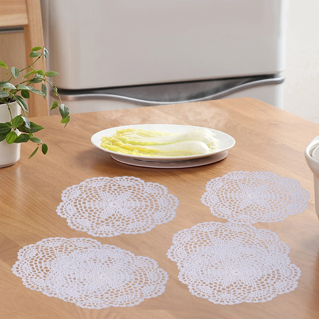 

Beige 6pcs Round Flower Cotton Yarn Hand Crochet Lace Doilies Placemat Coasters Applique Table Mat Tea Coffee Doily Pad