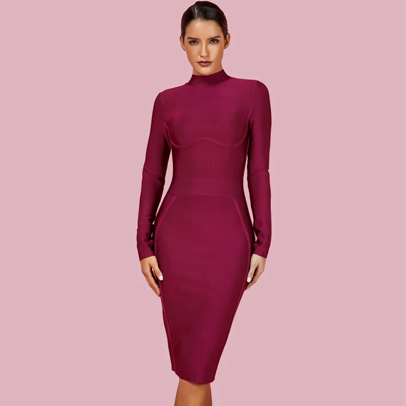 Fuchsia Ocstrade, женское платье для рождественской вечеринки, зима, новое Бандажное платье с высоким воротом, фиолетовое, вискозное, сексуальное Бандажное платье с длинным рукавом - Цвет: Fuchsia