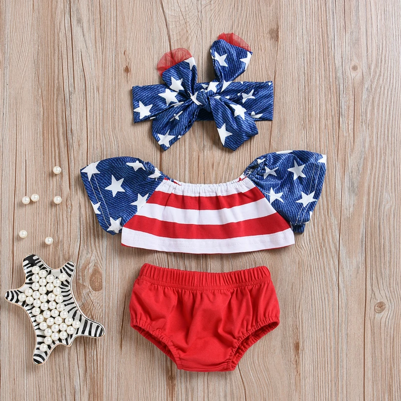 Independence Day Baby Girl Newborn Clothes Five Stars Strips Tops+Shorts With American Flag Striped Hair Band Girls Set | Мать и ребенок