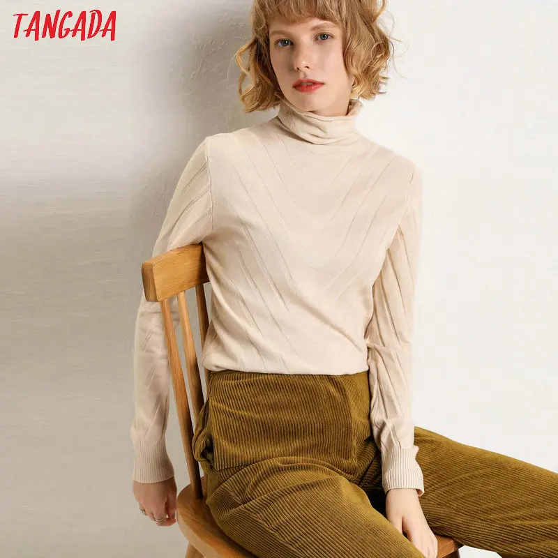 Tangada, высокое качество, водолазка, свитер для женщин,, осень, зима, Толстый Пуловер, однотонный, вязанный джемпер, свитер с воротником, AQJ06