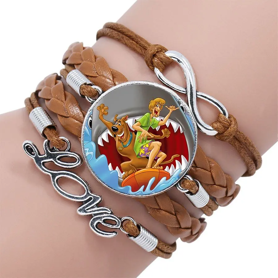 as picture Для женщин вечерние Scooby Doo Миньон мода стекло Многослойные черный/коричневый кожаный браслет ювелирные изделия - Окраска металла: as picture