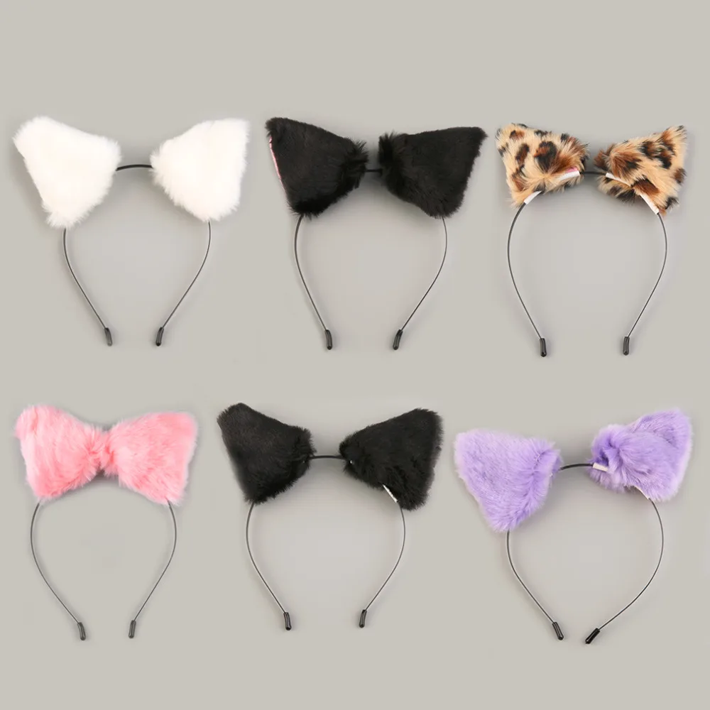 NEW Fluffy Cosplay Halloween Party Cat Faux Fox Fur Ears Costume Hairpin Hairband Black/White/Purple/Leopard/Black&Pink Apparel|hairband black|fur