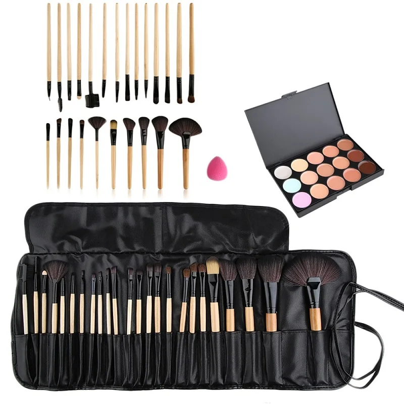 Beauty Professional Makeup Brushes Concealer Fashion 24pcs Cosmetic +15 Color Platte + Sponge Puff Set | Красота и здоровье