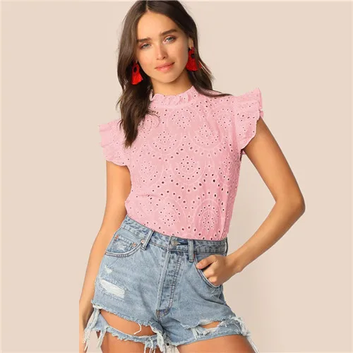 Розовый Dotfashion, однотонный топ с воротником-стойкой, с рюшами, с вышивкой, с ушками, для женщин, лето, бохо, без рукавов, одежда для девушек, модные блузки - Цвет: Розовый