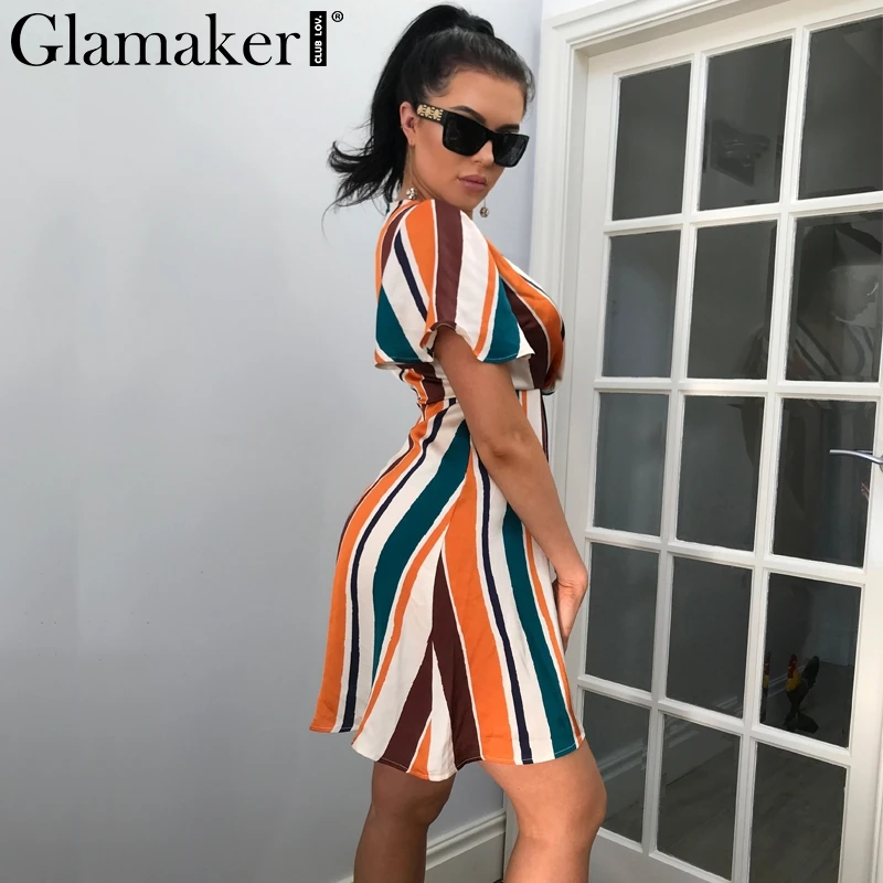 Женское мини-платье в радужную полоску с v-образным вырезом Glamaker вечернее платье