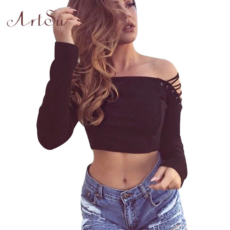 Кроп-Топ женский однотонный на шнуровке с длинным рукавом и воротником-лодочкой |