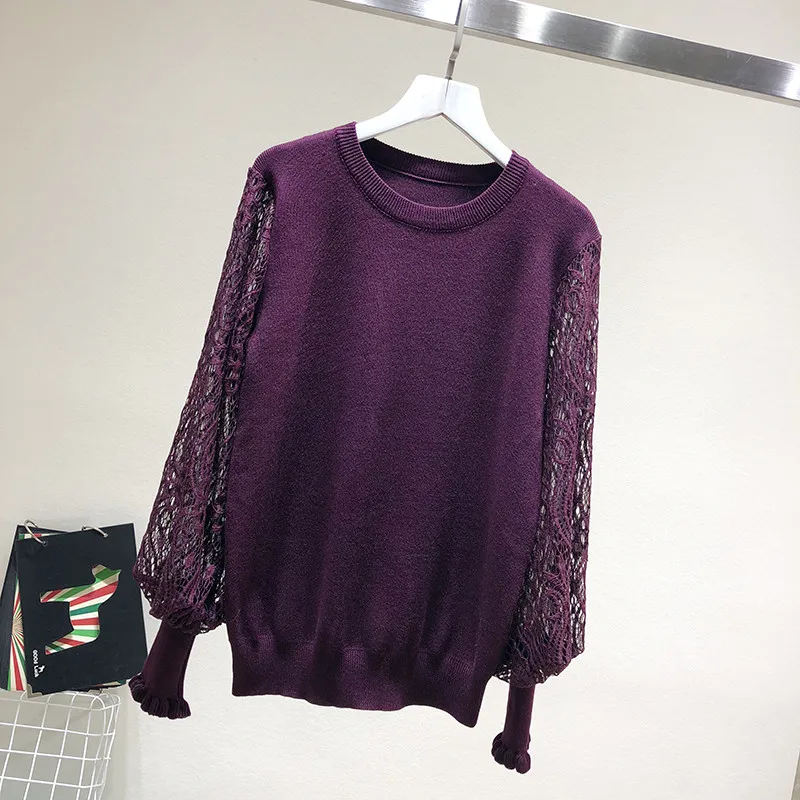 LUOSHA Women Autumn Winter Knitted Pullovers And Sweater Hollow Out Lace Sleeve Patchwork Female Pull Femme | Женская одежда