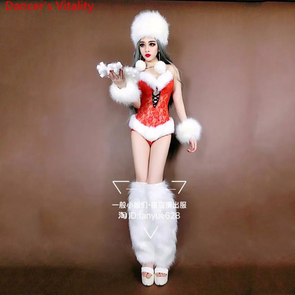 Nightclub Bar New Year DS Female Singer DJ Red White Fur Body Suit Performance Costume Pole Jazz Dancewear Set Clothes Outfits |