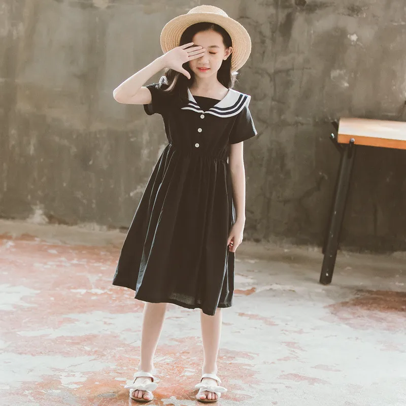 6 to 16 years kids &amp teenager girls summer sailor collar cotton casual school uniform dress children fashion black midi | Детская