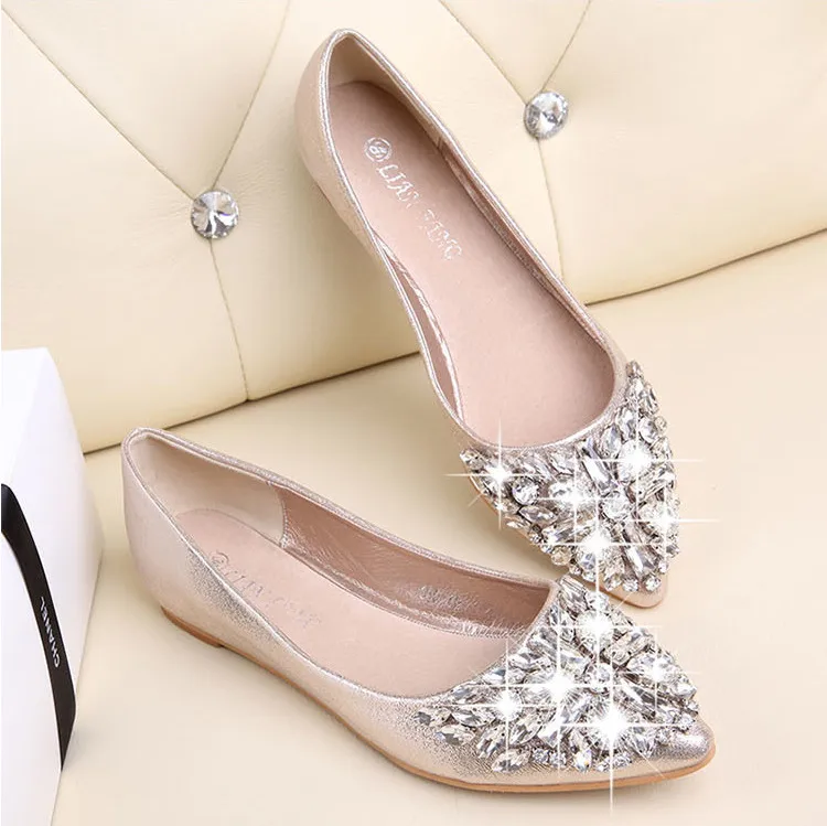 

New Fashion women Ballet shoes leisure spring pointy ballerina bling Rhinestone flats shoes princess shiny Crystal wedding shoe